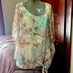 Silky beige and aqua flowy top